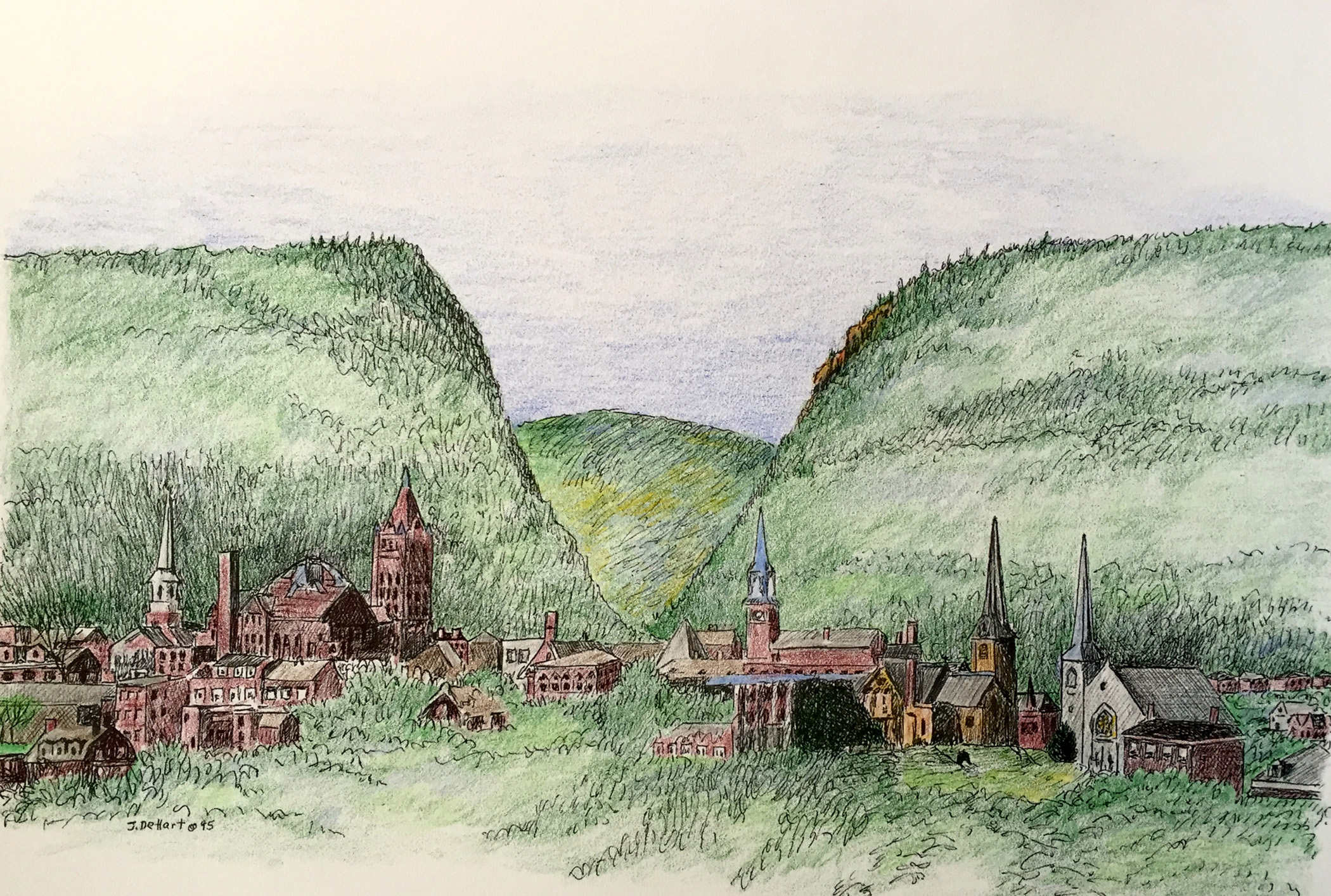 Cumberland’s early historical development was closely linked to commerce and trans-portation-The National Road, Chesapeake and Ohio Canal and the Baltimore and Ohio
          Railroad.  First established as a trading post by Christopher Gist in 1749, it was named after the Duke of Cumberland by General Braddock during the  French and Indian War (1756-63).  After the war many who had been stationed at Fort Cumberland returned to settle the area. The church spires in the foreground date back to the 1700’s. The Narrows in the background was a natural pass in the mountains for travelers westbound when the National Road opened in 1806. Cumberland became known as the Gateway to the West.  In the mid 1800’s the C&O Canal established an important link between Cumberland and Washington, D.C.
During the Civil War (1861-64), Cumberland
developed as one of the largest rail centers as coal was the “gold” of the area. Today Cumberland has retained its rural beauty and is surrounded  by a natural patchwork of mountains, forests and waterways.