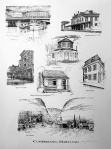 Cumberland’s early historical development was closely linked to commerce and transportation -The National Road, Chesapeake and Ohio Canal and the Baltimore and Ohio Railroad.  First established as a trading post by Christopher Gist in 1749, it was named after the Duke of Cumberland by General Braddock during the  French and Indian War
(1756-63).  After the war many who had been stationed at Fort Cumberland returned to settle the area.  The church spires in the foreground date back to the 1700’s.  The Narrows in the background was a natural pass in the mountains for travelers westbound when the National Road opened in 1806.  Cumberland became known as the Gateway to the West. In the mid 1800’s the C&O Canal established an important link between Cumberland and Washington, D.C. During the Civil War (1861-64), Cumberland developed as one of the largest rail centers as coal was the “gold” of the area.  Today Cumberland has retained its rural beauty and is surrounded  by a natural patchwork of mountains, forests and waterways.