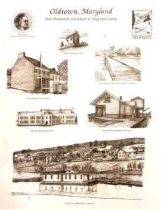 As the oldest town in Allegany County, Oldtown, Maryland was once the village of Shawnee King Opessa.  This site was frequented by the Five Nations, as the ford in the Potomac River was a natural crossing and part of the Warrior’s path.  Oldtown was the hunting grounds for the Shawnees as early as 1707 and in 1711 the town was called King Opessa’s Shawnee Oldtown.  In 1739, Thomas Cresap came to the village on the Potomac River in the  wilderness of Western Maryland, and in 1741 set up a Fort, called Skipton, after his home in England.  Colonel Thomas Cresap was a well-known pathfinder, patriot and frontiersman. He then formed the Ohio Company setting the trail to the new Frontier. In 1748, Cresap entertained
the young surveyor apprentice George Washington and they became lifelong friends.  The stone house, the centerpiece of the town, was built in 1764 by Captain Michael Cresap who was the first white male born in Allegany  County and the son of Colonel Thomas Cresap. 
Michael was a bold continental militia volunteer who proved himself on the western frontier and when called upon after Lexington and Concord led one hundred and forty riflemen from Oldtown to Boston.  Oldtown has seen many changes; such as the French and Indian War, the Civil War (the battle of Alum Hill, where the Confederates pushed the Union back), and the coming of the C&O Canal and the B&O Railroad.